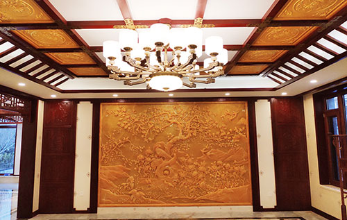 望谟中式别墅客厅中式木作横梁吊顶装饰展示